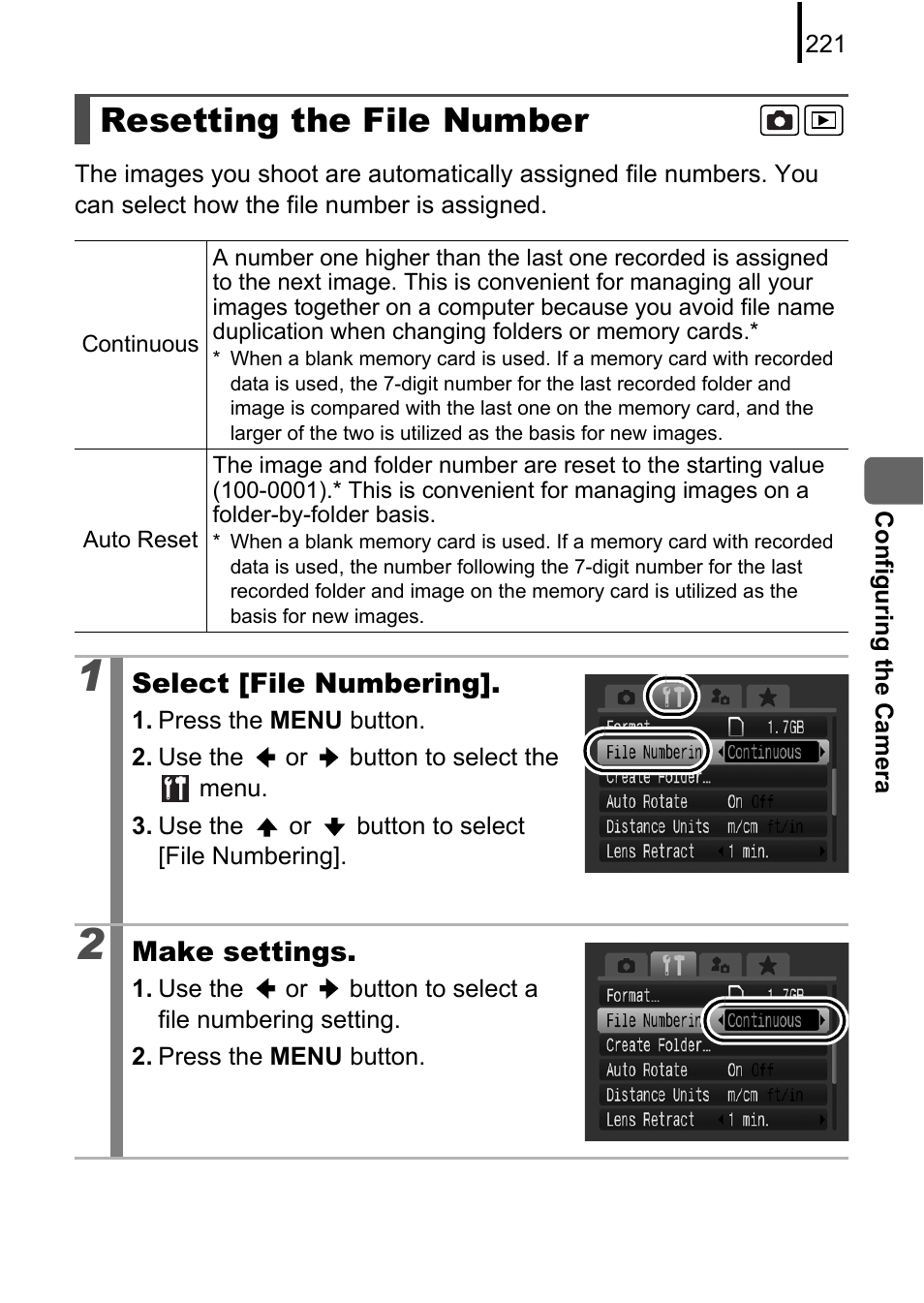 Resetting the file number, P. 221 | Canon PowerShot G10 User Manual | Page 223 / 306