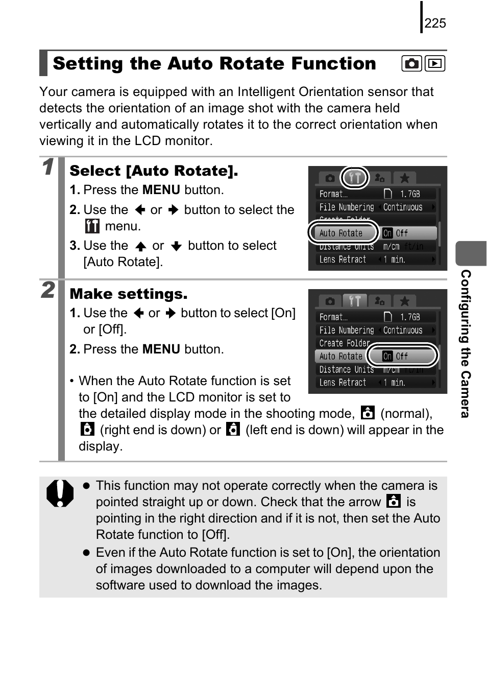 Setting the auto rotate function, P. 225 | Canon PowerShot G10 User Manual | Page 227 / 306