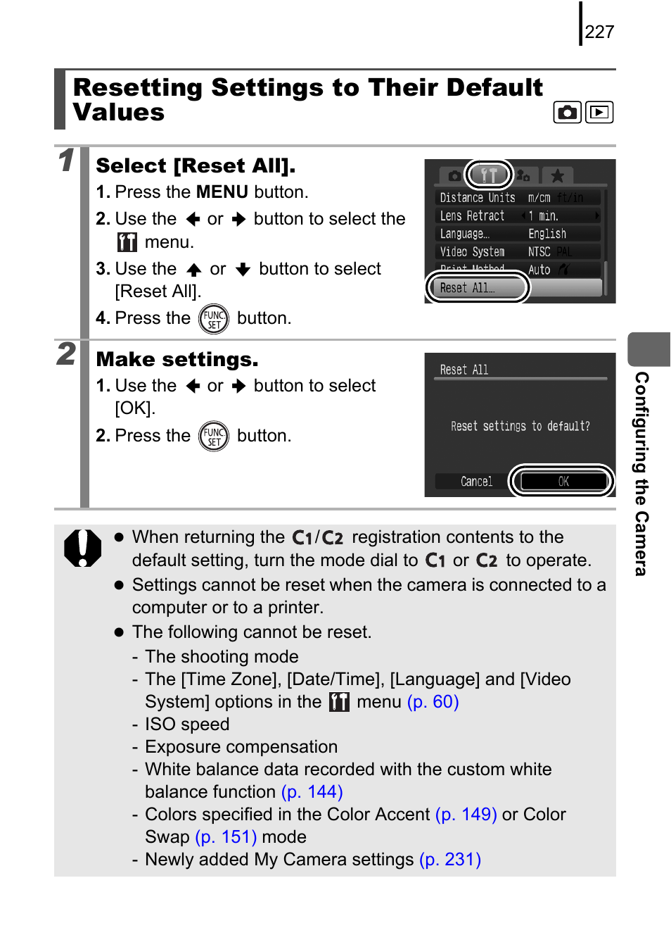 Resetting settings to their default values | Canon PowerShot G10 User Manual | Page 229 / 306