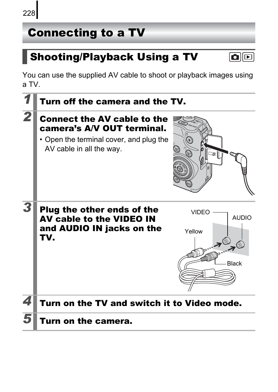 Connecting to a tv, Shooting/playback using a tv, P. 228) | Erminal | Canon PowerShot G10 User Manual | Page 230 / 306