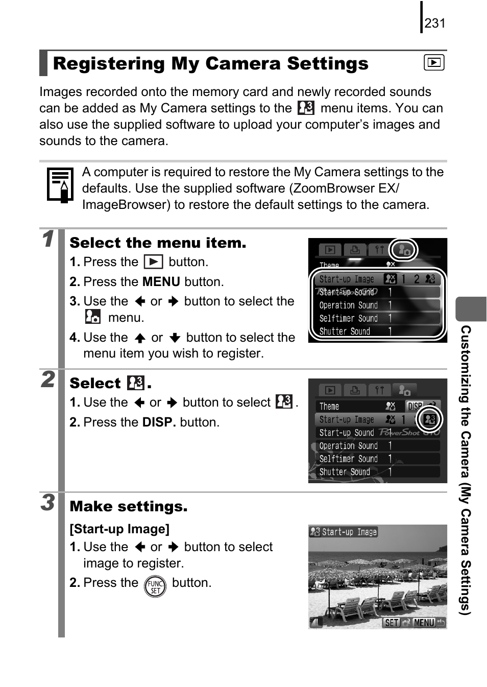 Registering my camera settings, Camera settings, P. 231) | Canon PowerShot G10 User Manual | Page 233 / 306
