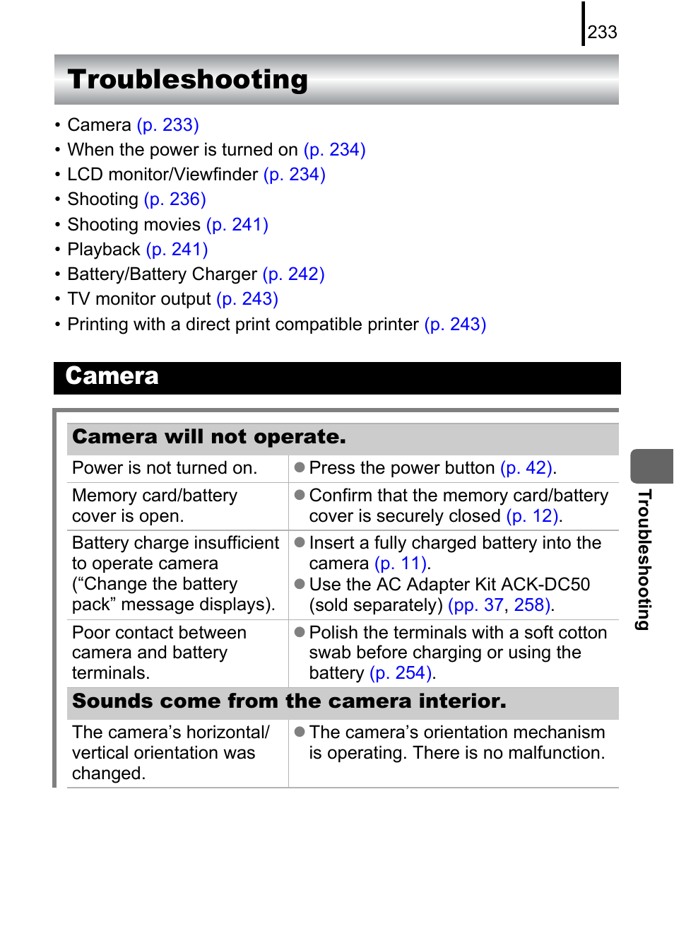Troubleshooting, Camera, Camera will not operate | Sounds come from the camera interior | Canon PowerShot G10 User Manual | Page 235 / 306