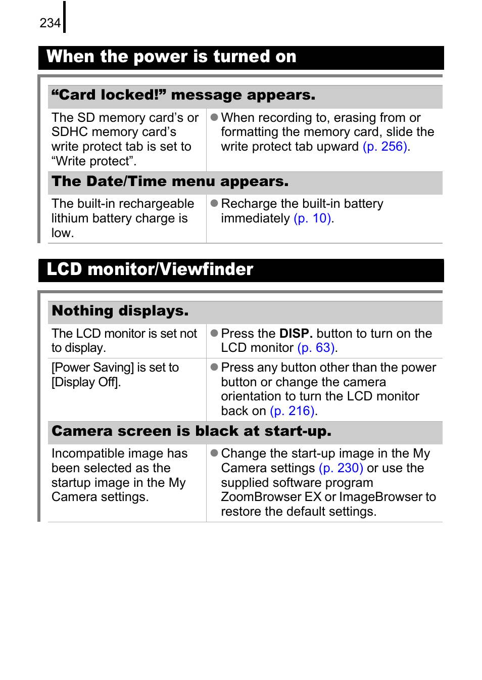 Rned on, P. 234), When the power is turned on | Lcd monitor/viewfinder | Canon PowerShot G10 User Manual | Page 236 / 306