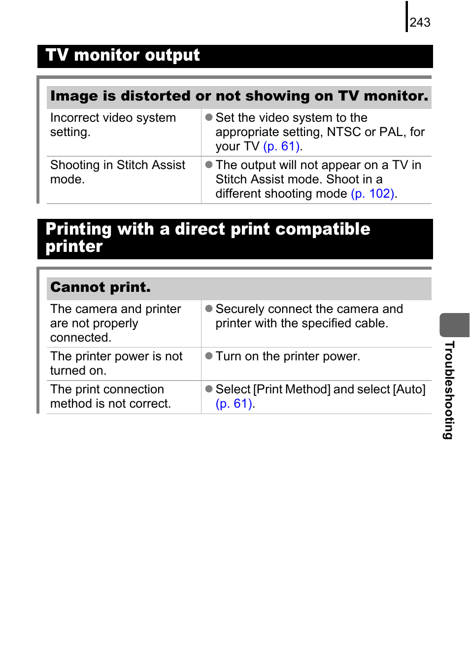 P. 243), Tv monitor output, Printing with a direct print compatible printer | Canon PowerShot G10 User Manual | Page 245 / 306