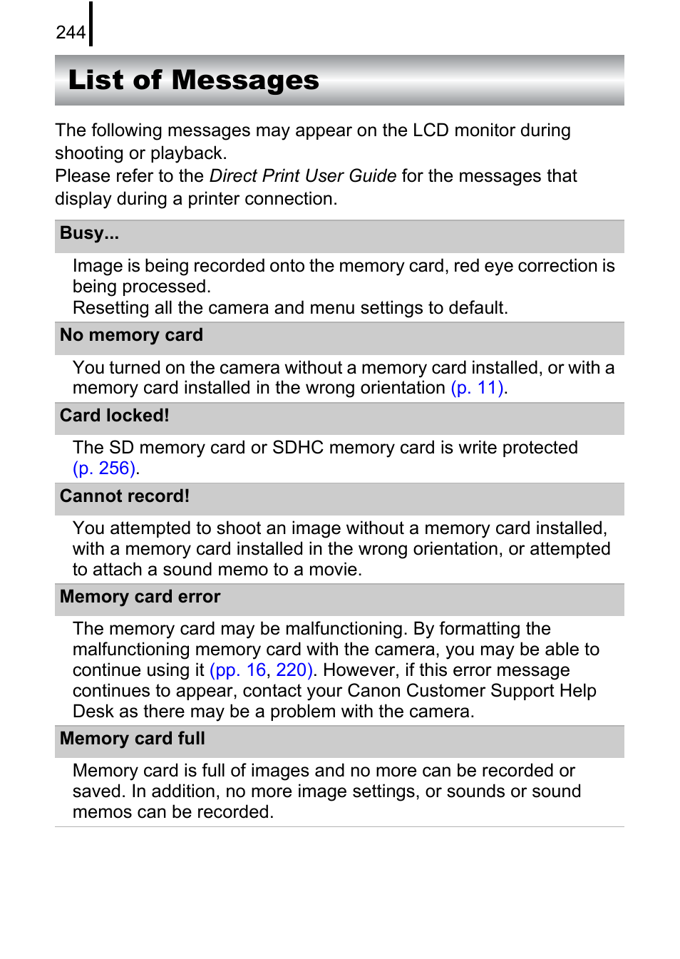 List of messages | Canon PowerShot G10 User Manual | Page 246 / 306