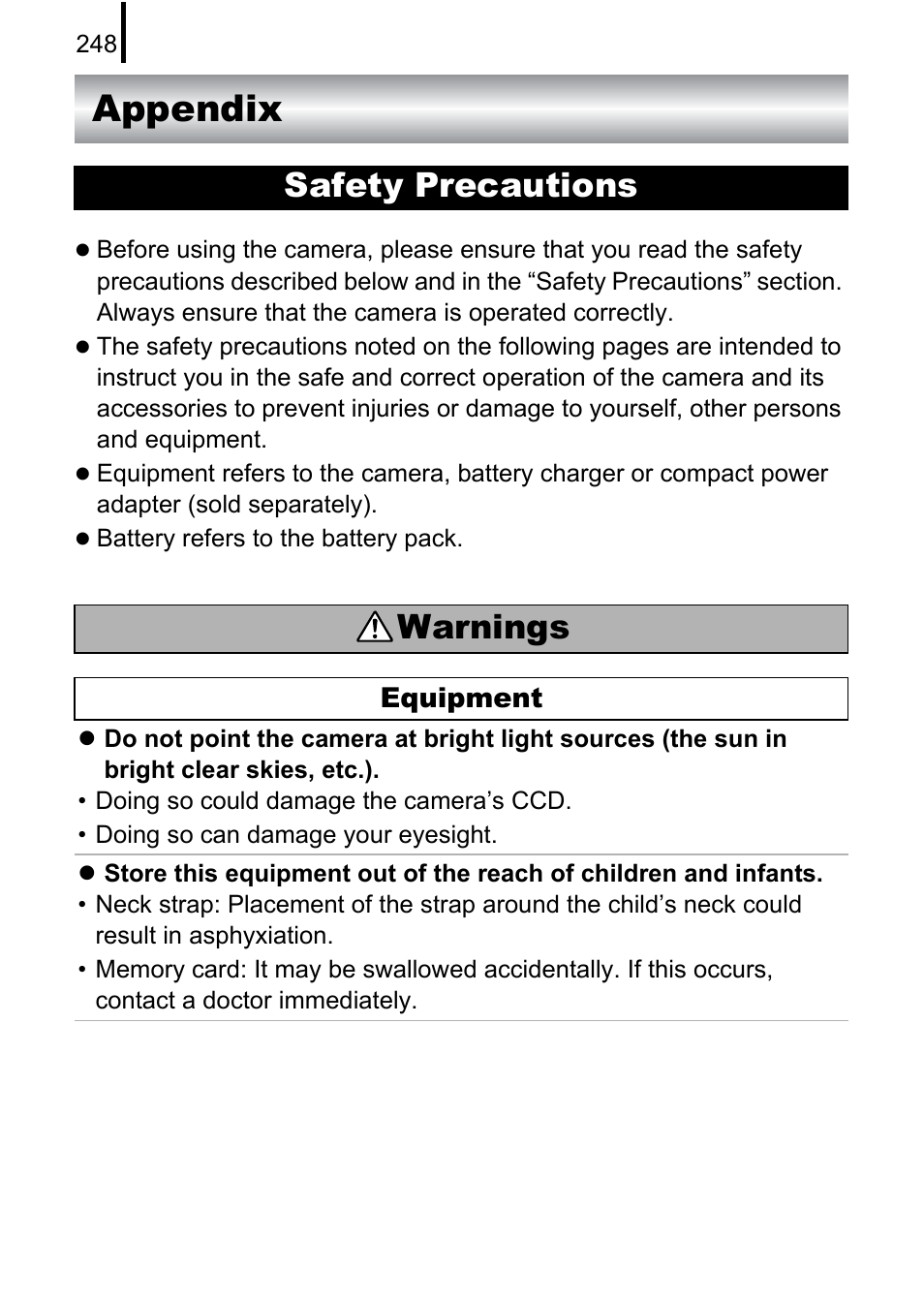 Appendix, Safety precautions, Pp. 248 | Safety precautions warnings | Canon PowerShot G10 User Manual | Page 250 / 306