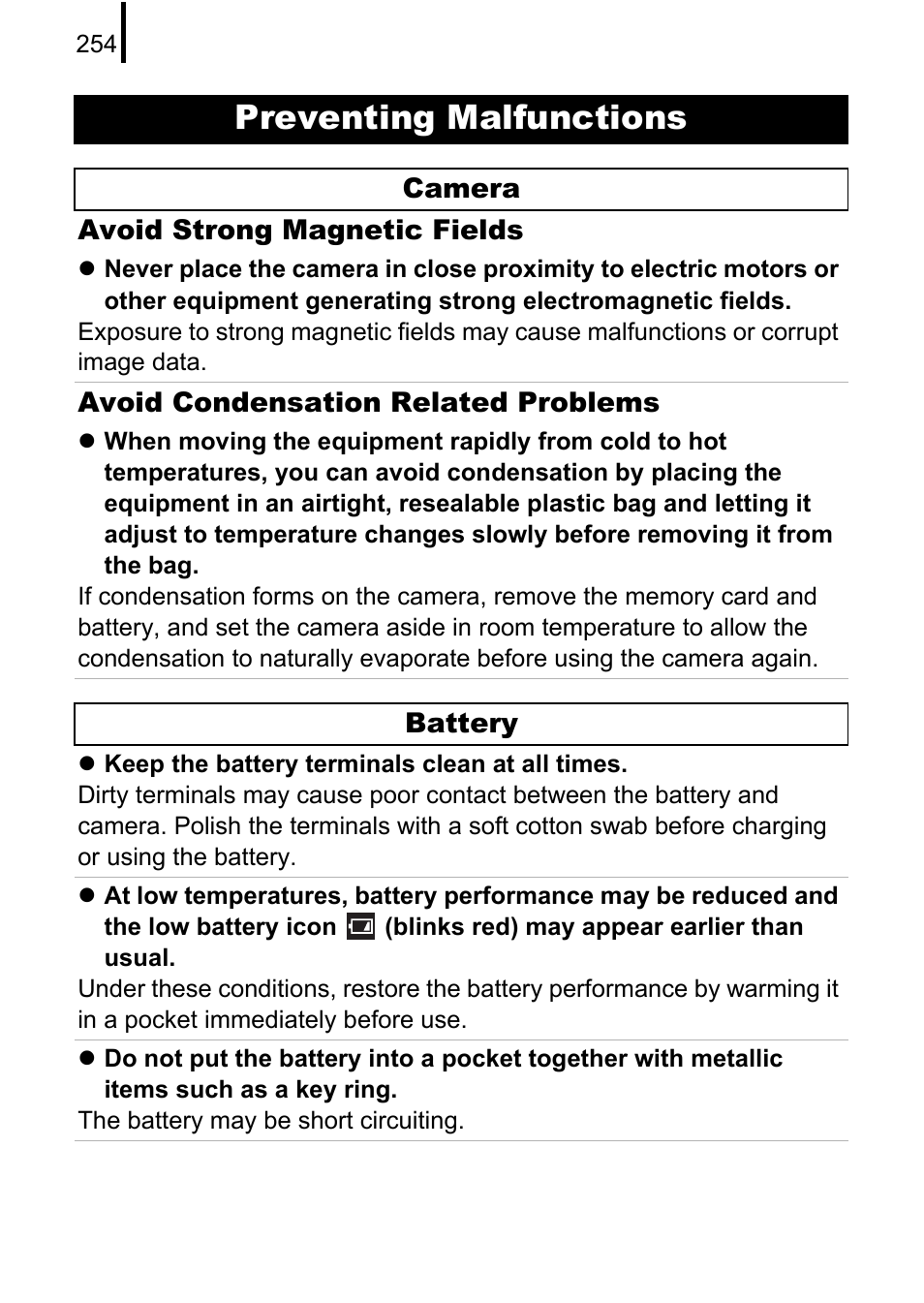 Preventing malfunctions, Tery, P. 254) | Canon PowerShot G10 User Manual | Page 256 / 306