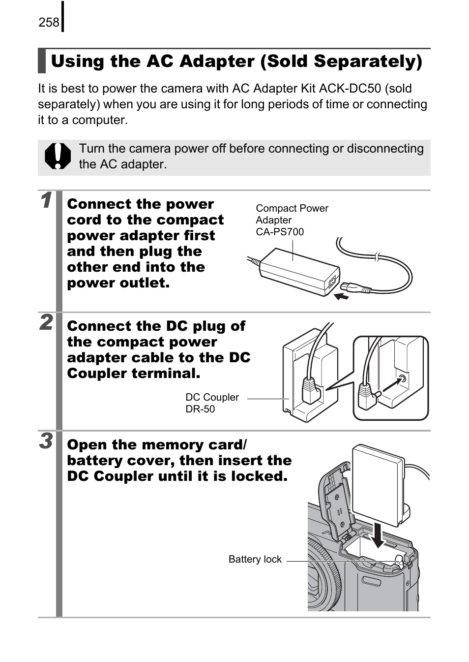 Using the ac adapter (sold separately) | Canon PowerShot G10 User Manual | Page 260 / 306