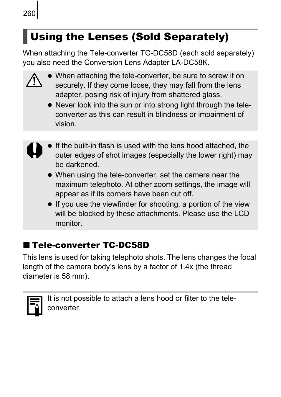 Using the lenses (sold separately), Tele-converter tc-dc58d | Canon PowerShot G10 User Manual | Page 262 / 306