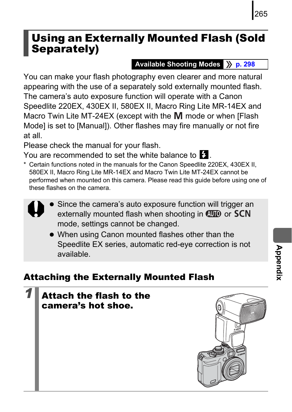 Ot shoe, P. 265) | Canon PowerShot G10 User Manual | Page 267 / 306