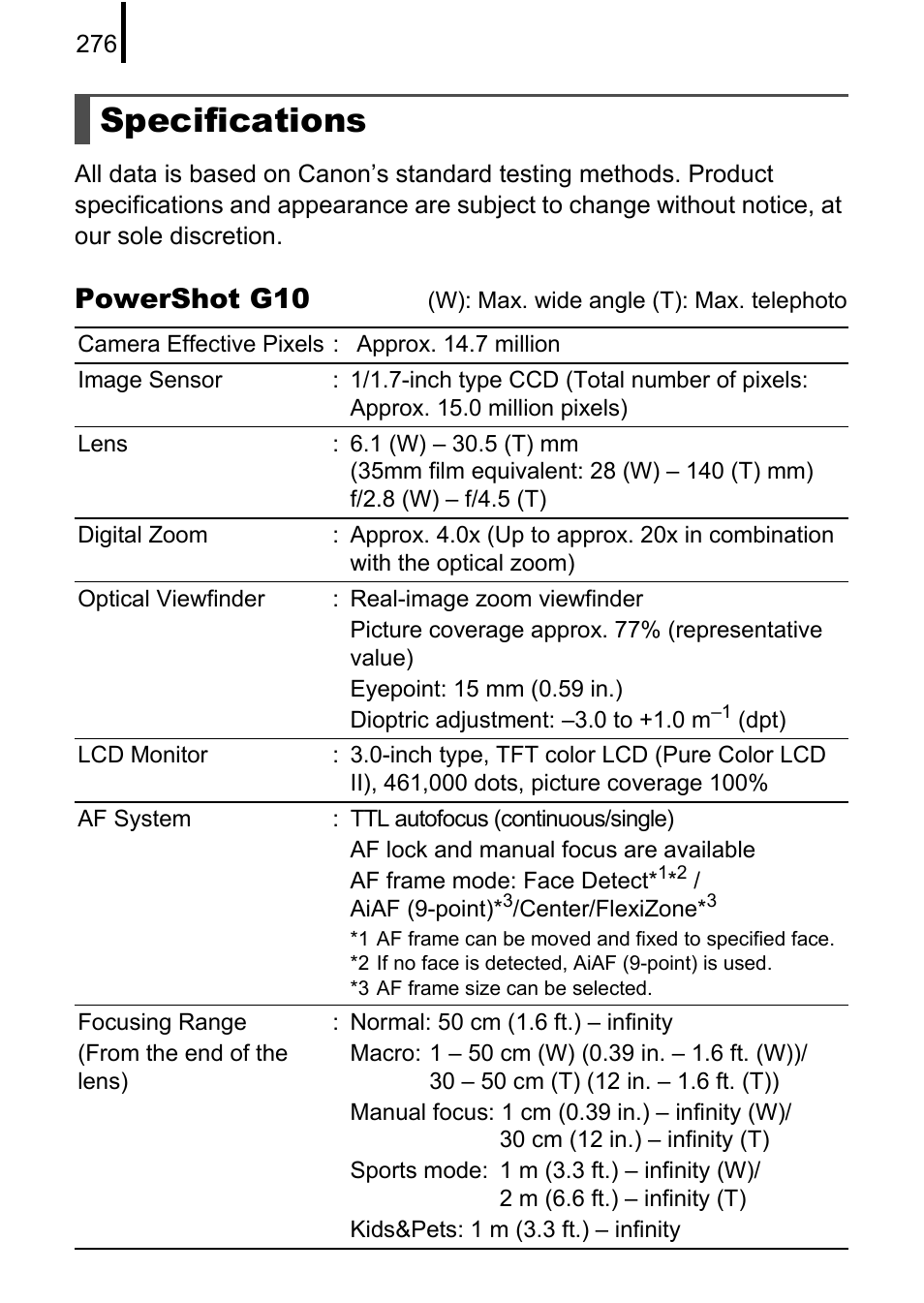 Specifications, P. 276), Powershot g10 | Canon PowerShot G10 User Manual | Page 278 / 306