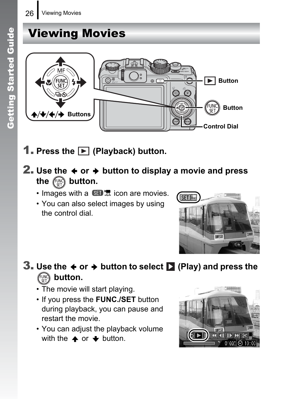 Viewing movies, Viewing movies 1 | Canon PowerShot G10 User Manual | Page 28 / 306