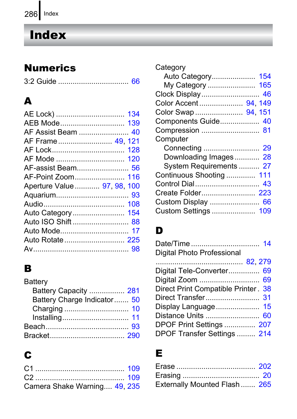 Index, Numerics | Canon PowerShot G10 User Manual | Page 288 / 306