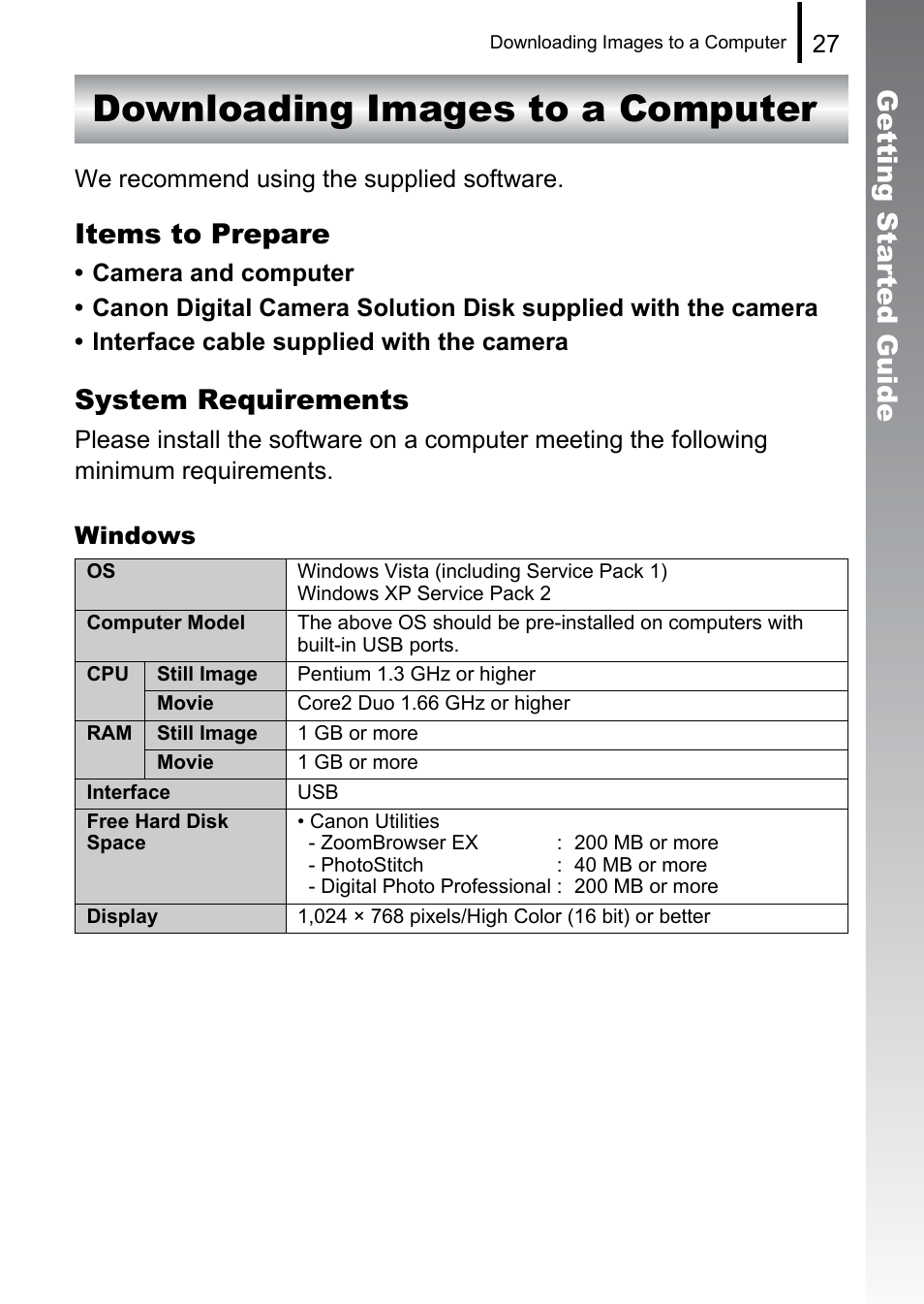 Downloading images to a computer, Getting started gui de, Items to prepare | System requirements | Canon PowerShot G10 User Manual | Page 29 / 306