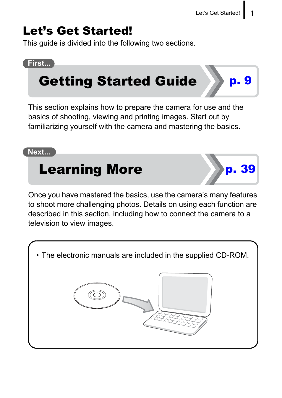 Learning more, Getting started guide, Let’s get started | P. 39, P. 9 | Canon PowerShot G10 User Manual | Page 3 / 306