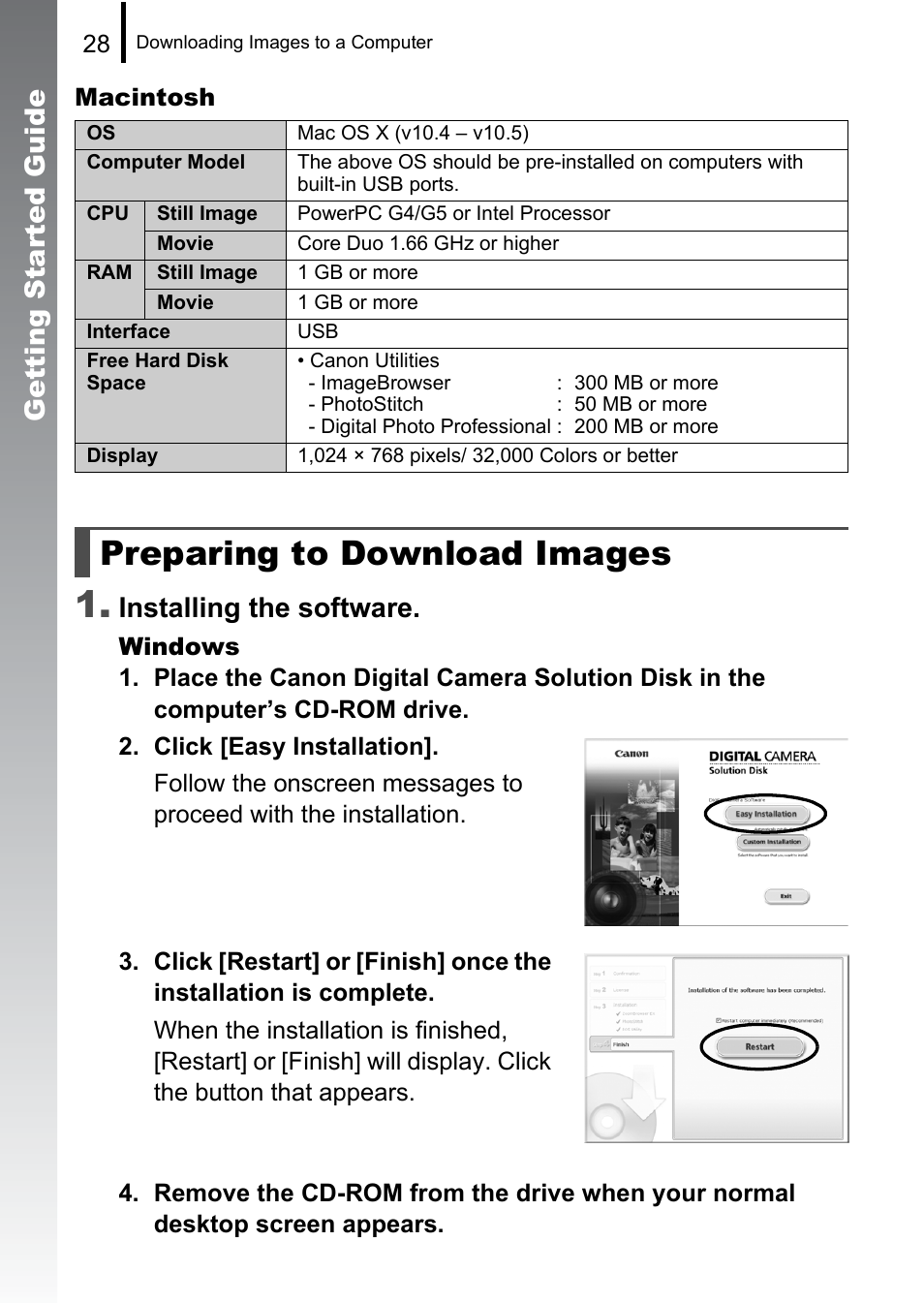 Preparing to download images, Ge tting started guide, Installing the software | Canon PowerShot G10 User Manual | Page 30 / 306