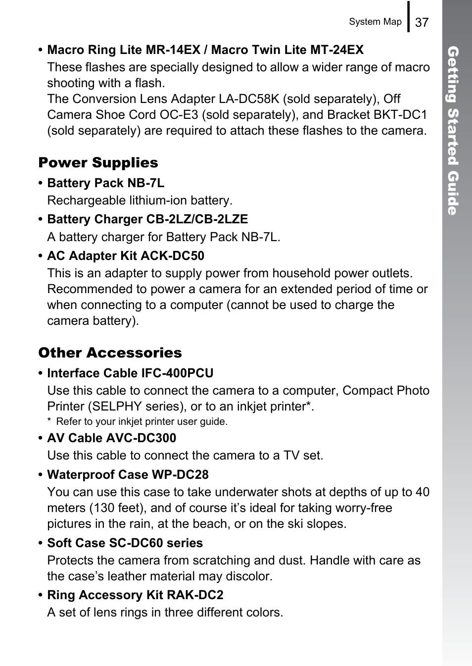 Getting started gui de, Power supplies, Other accessories | Canon PowerShot G10 User Manual | Page 39 / 306