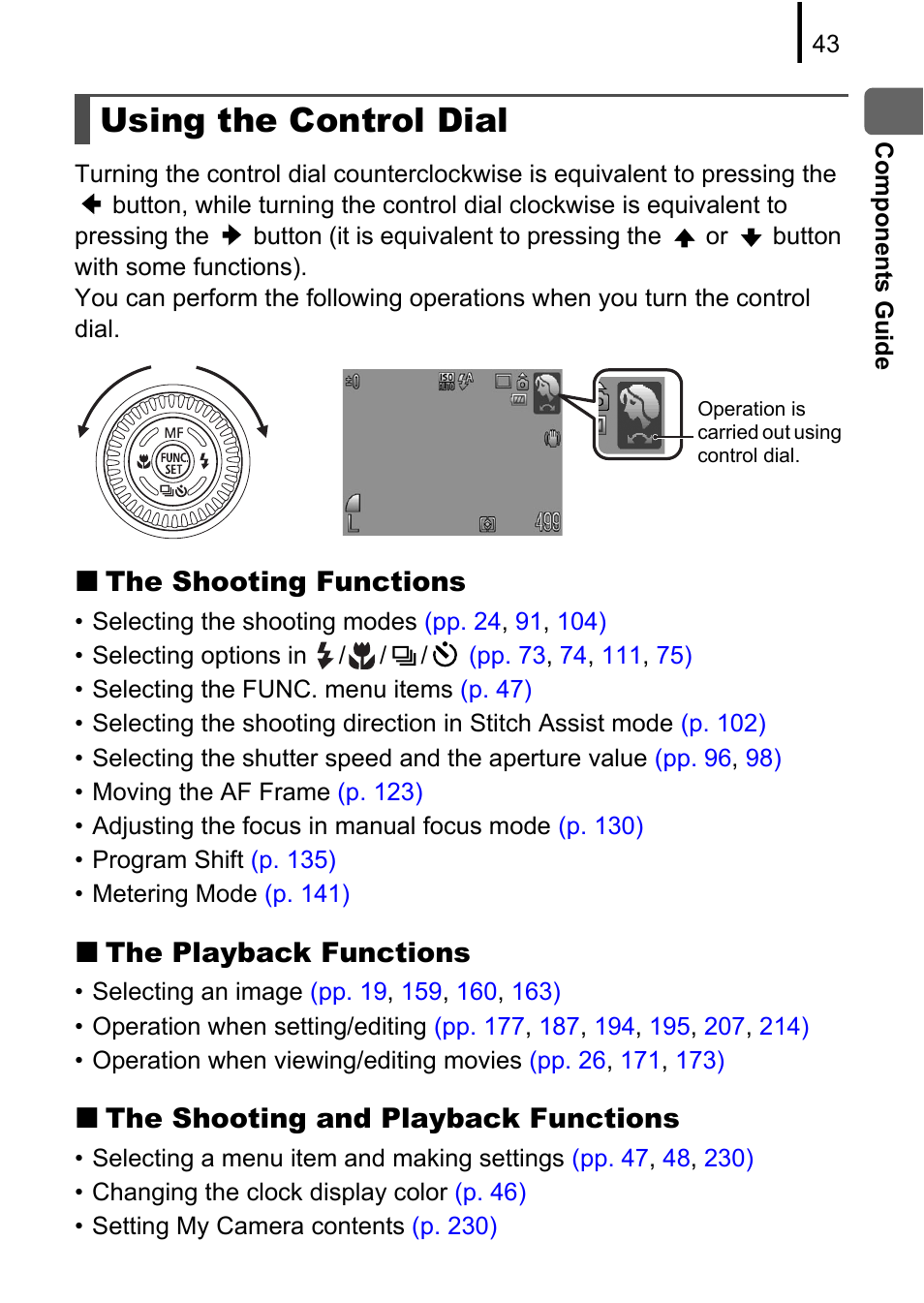 Using the control dial, Ntrol dial, P. 43) | The shooting functions, The playback functions, The shooting and playback functions | Canon PowerShot G10 User Manual | Page 45 / 306