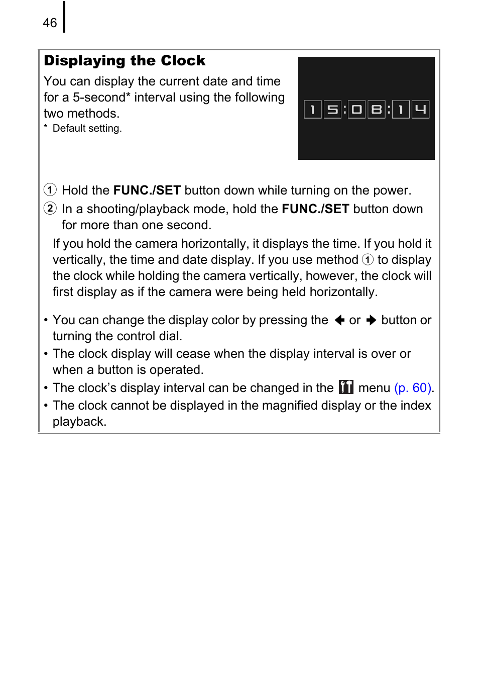 P. 46), Displaying the clock | Canon PowerShot G10 User Manual | Page 48 / 306