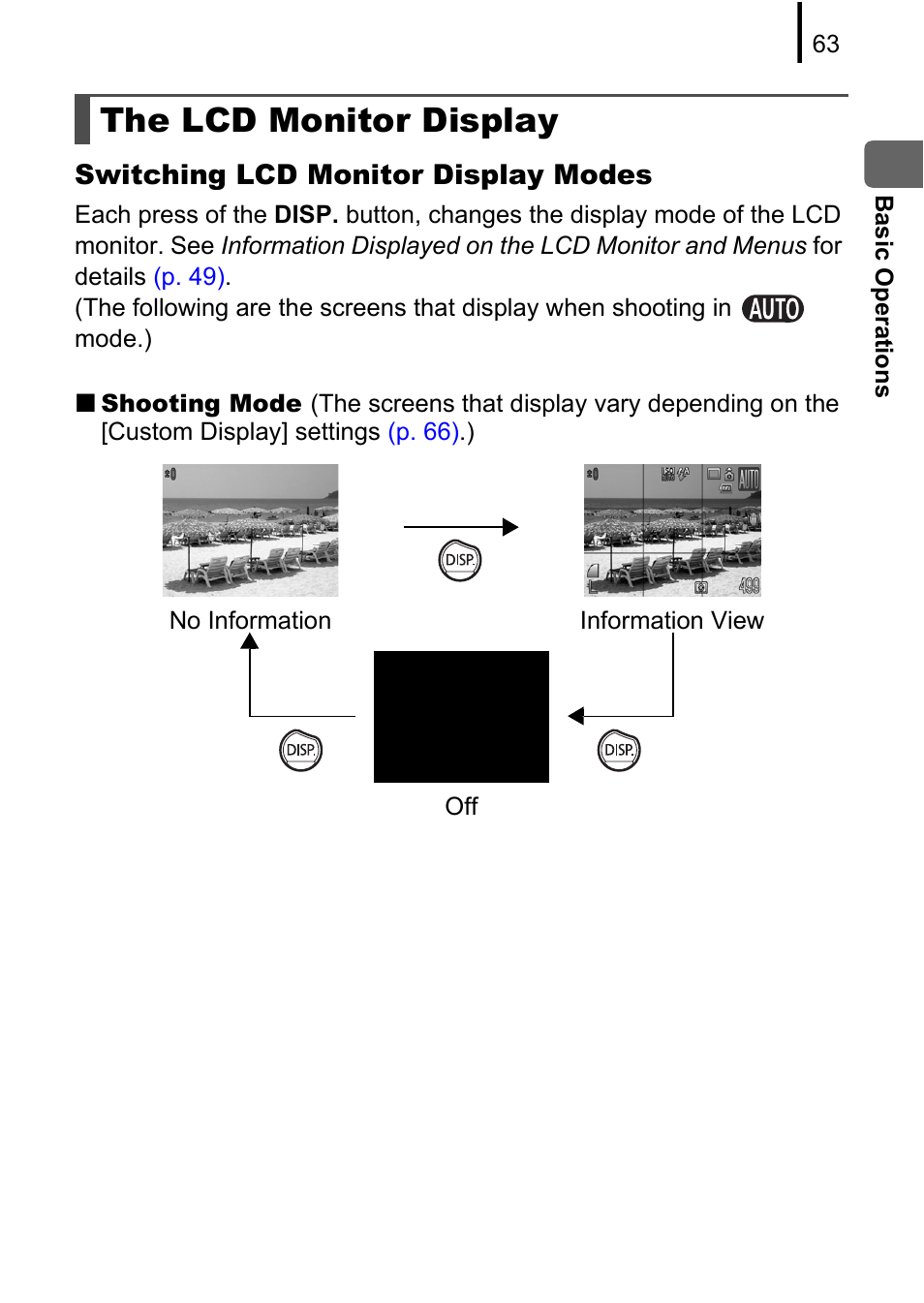 The lcd monitor display, P. 63), Isplay) button | Canon PowerShot G10 User Manual | Page 65 / 306