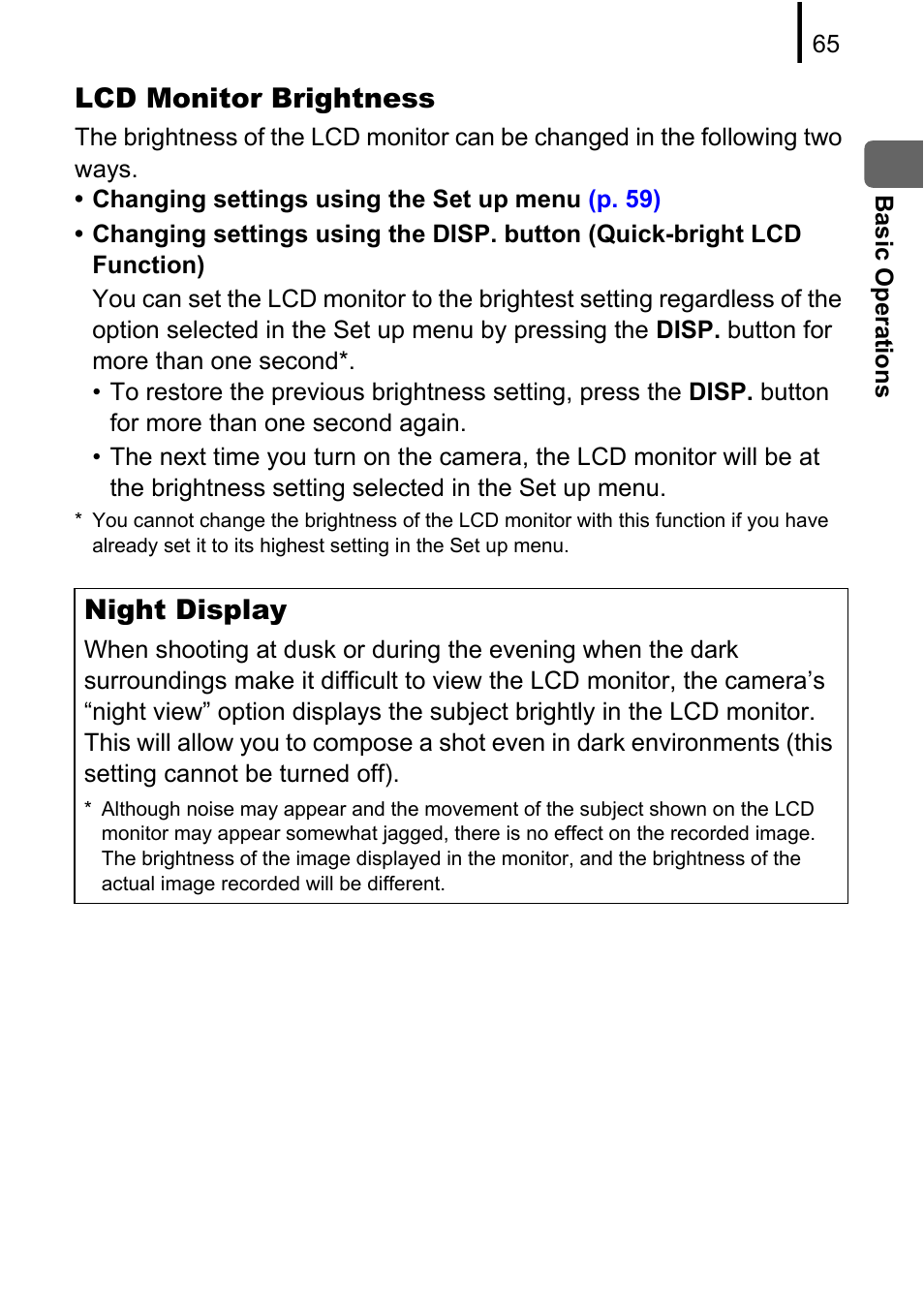 Lcd monitor brightness, Night display | Canon PowerShot G10 User Manual | Page 67 / 306