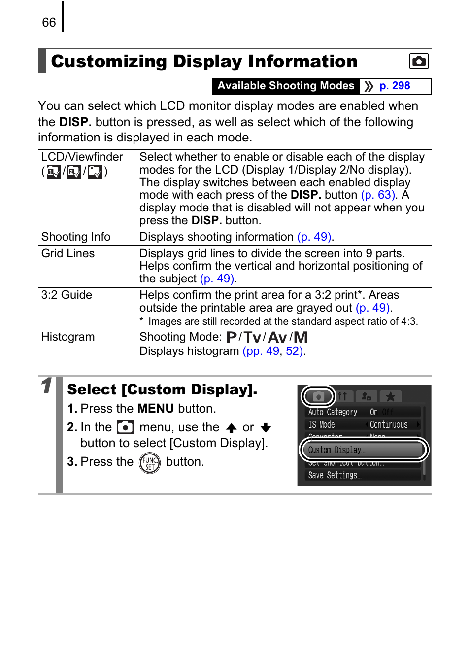 Customizing display information, P. 66, P. 66) | Select [custom display | Canon PowerShot G10 User Manual | Page 68 / 306