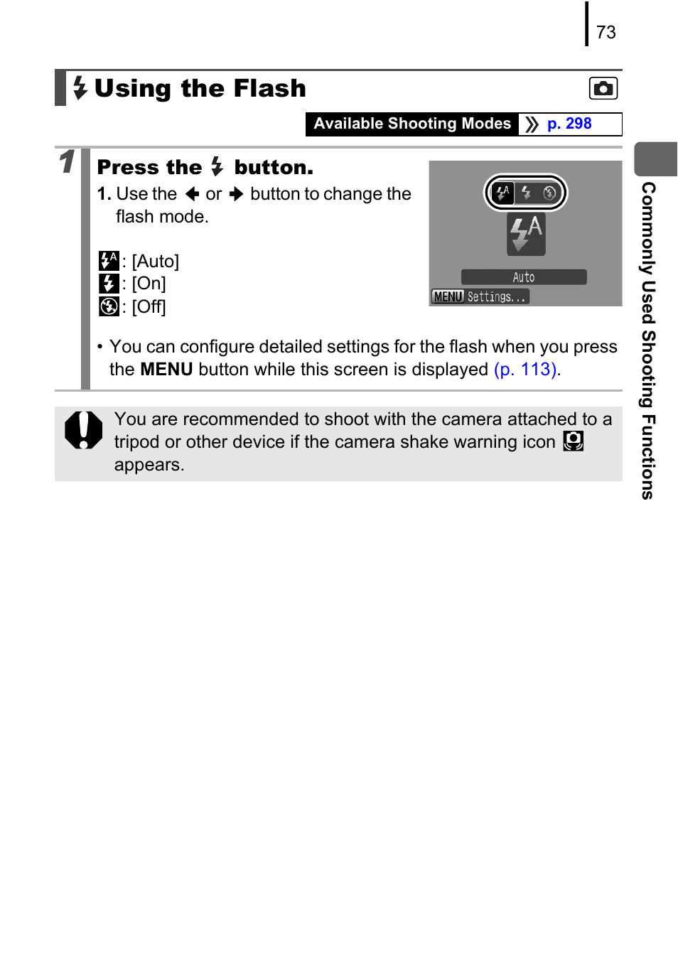 Using the flash, P. 73), Button | Pp. 73, P. 73 | Canon PowerShot G10 User Manual | Page 75 / 306