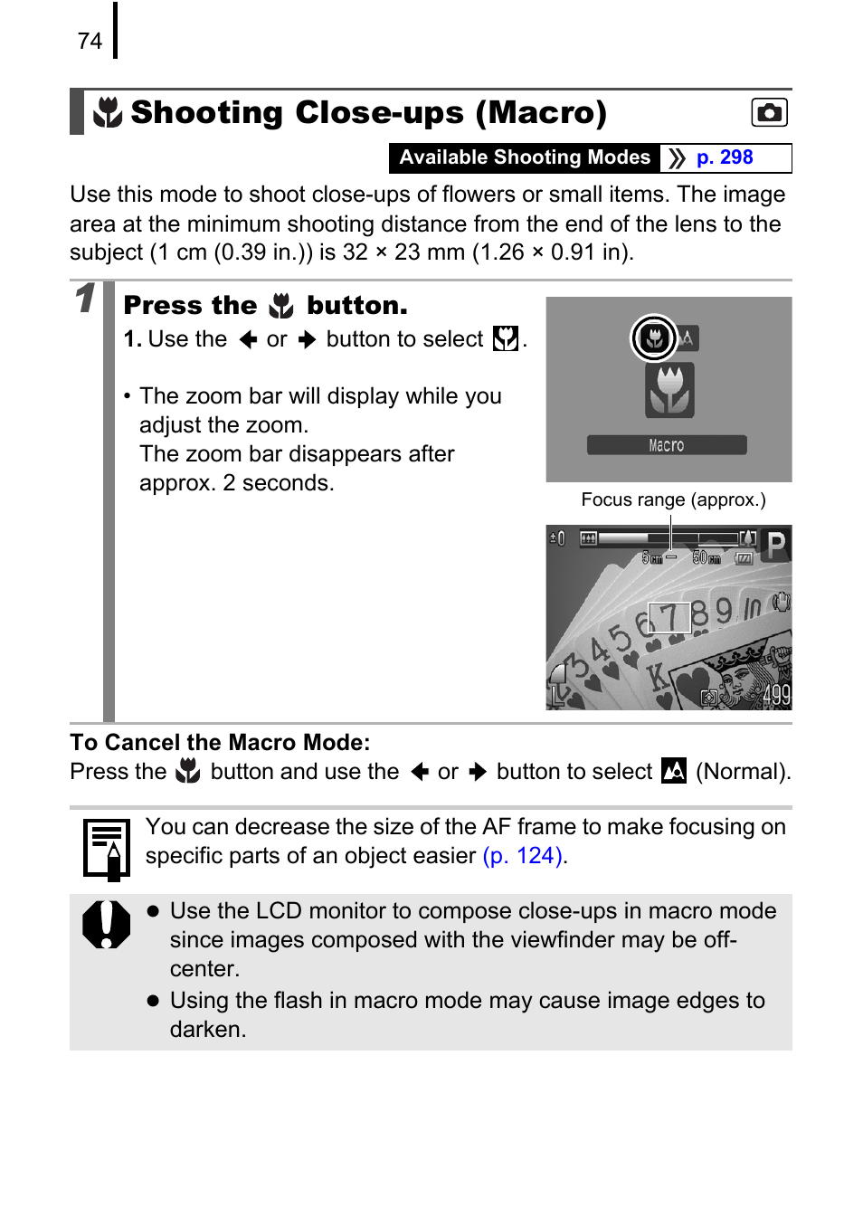 Shooting close-ups (macro), P. 74), P. 74 | Canon PowerShot G10 User Manual | Page 76 / 306