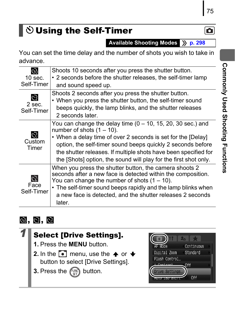 Using the self-timer, P. 75, Select [drive settings | Canon PowerShot G10 User Manual | Page 77 / 306