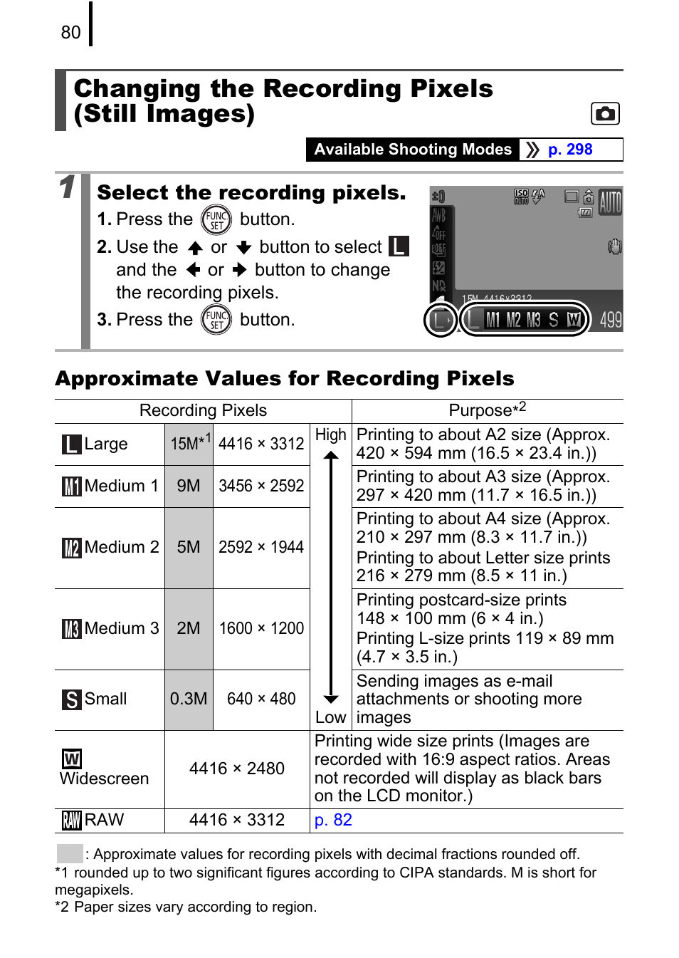 Changing the recording pixels (still images), P. 80, Approximate values for recording pixels | Select the recording pixels | Canon PowerShot G10 User Manual | Page 82 / 306