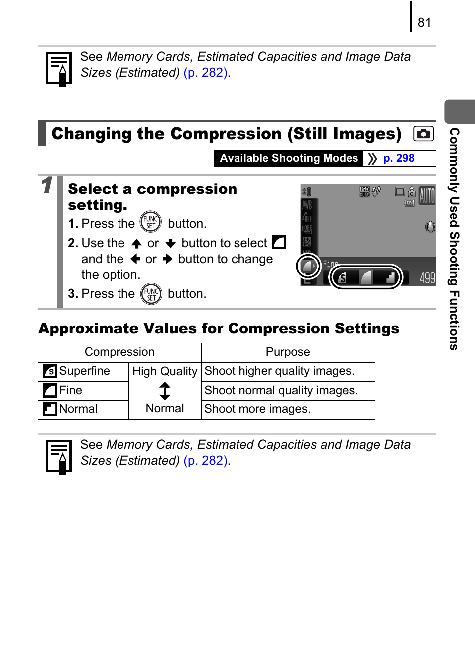 Changing the compression (still images), P. 81, Approximate values for compression settings | Select a compression setting | Canon PowerShot G10 User Manual | Page 83 / 306