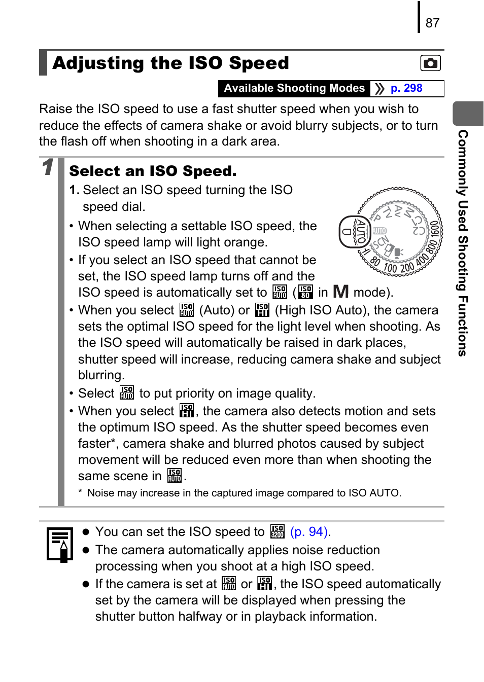 Adjusting the iso speed, P. 87), P. 87 | Select an iso speed | Canon PowerShot G10 User Manual | Page 89 / 306