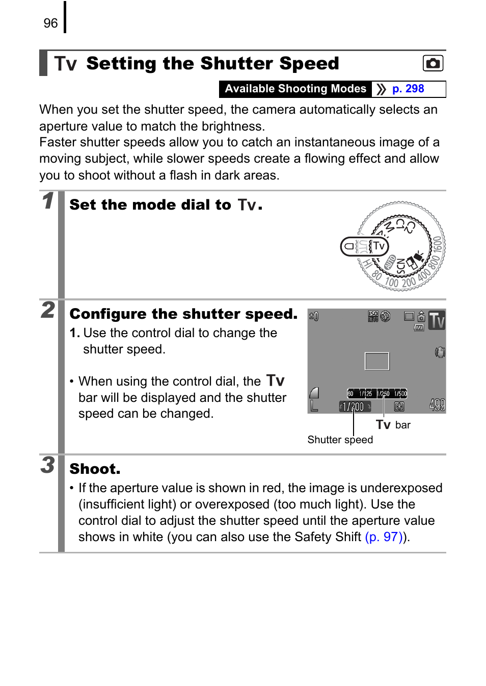 Setting the shutter speed, E value, Pp. 96 | Av/tv bar, P. 96) | Canon PowerShot G10 User Manual | Page 98 / 306