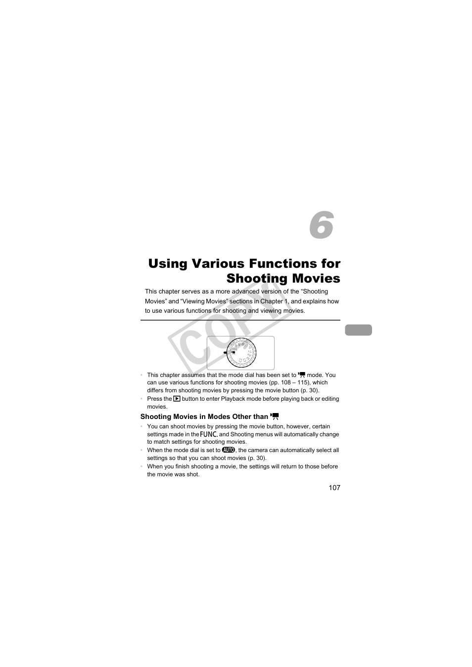 Using various functions for, Shooting movies, Cop y | Using various functions for shooting movies | Canon PowerShot SX30 IS User Manual | Page 107 / 196