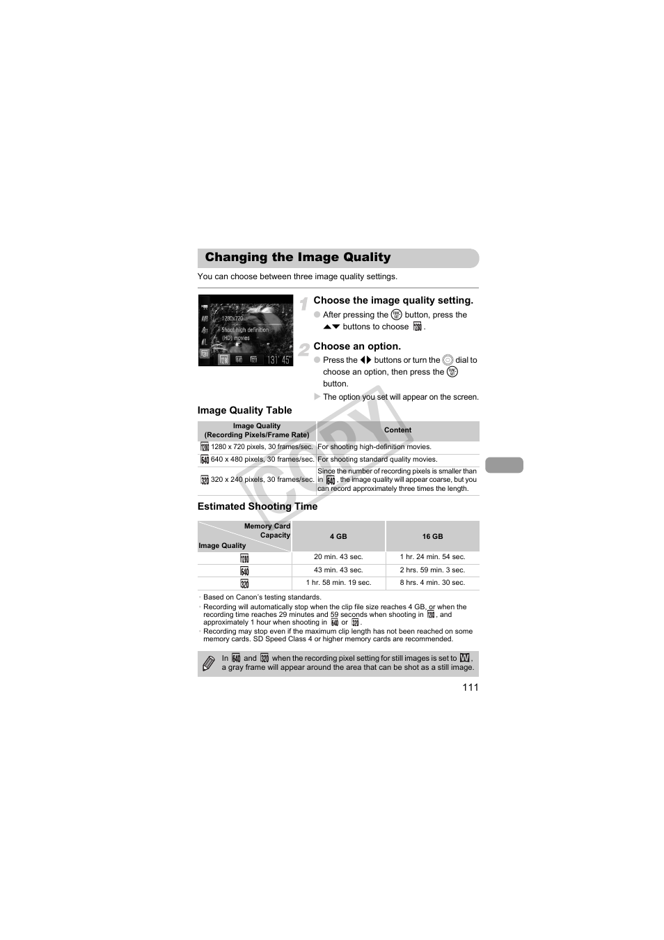 Changing the image quality, Cop y | Canon PowerShot SX30 IS User Manual | Page 111 / 196