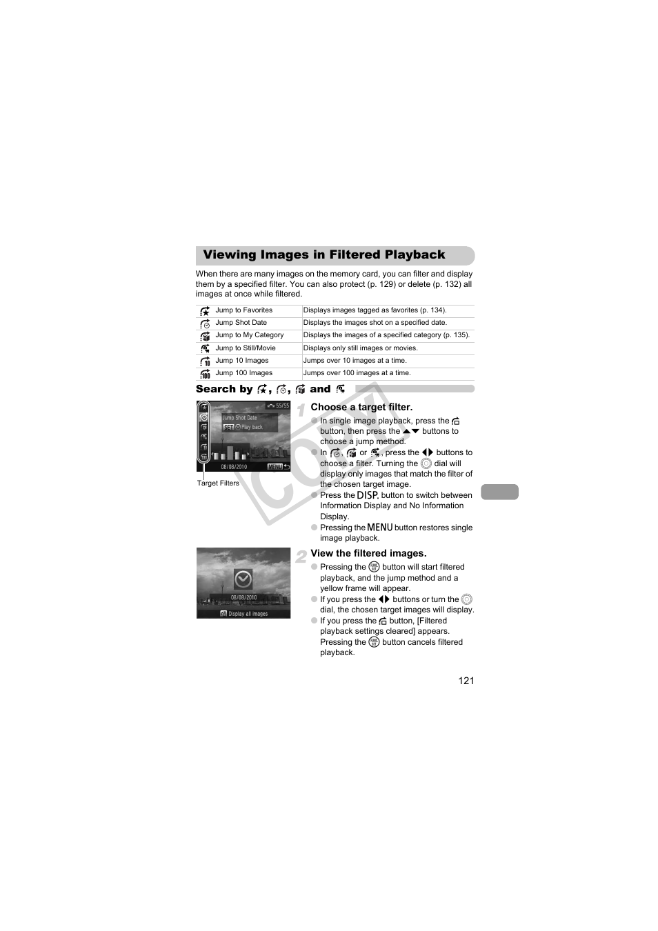 Viewing images in filtered playback, 121) butto, Viewing images in filtered playback (p. 121) | Cop y | Canon PowerShot SX30 IS User Manual | Page 121 / 196