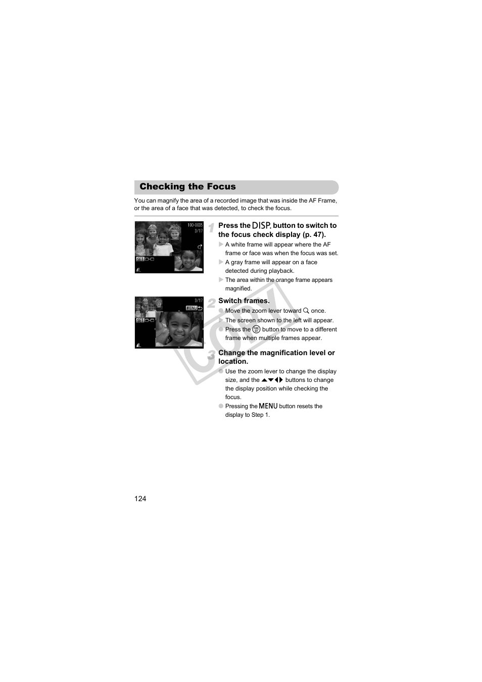 Checking the focus, Cop y | Canon PowerShot SX30 IS User Manual | Page 124 / 196