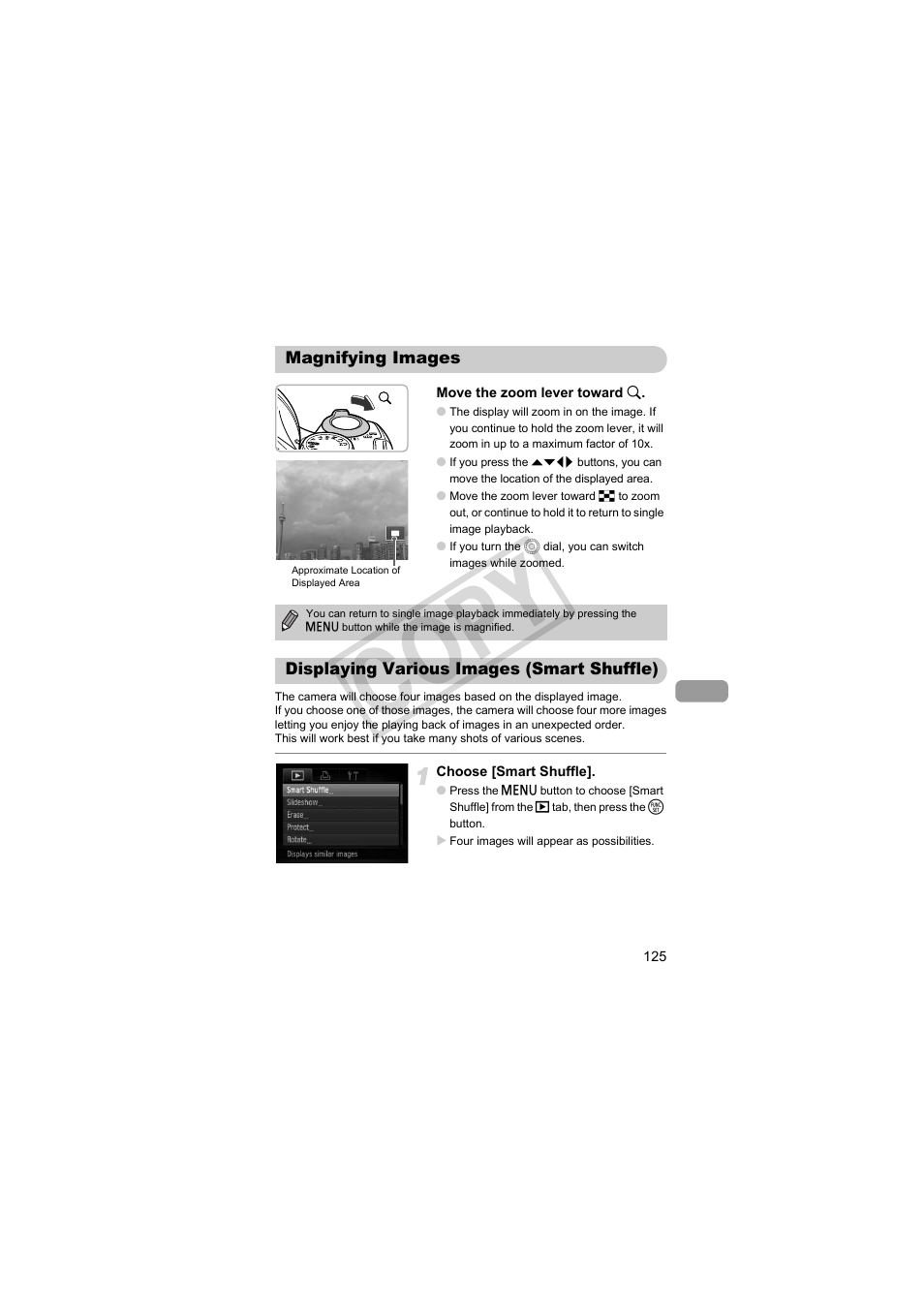 Magnifying images, Displaying various images (smart shuffle), Cop y | Canon PowerShot SX30 IS User Manual | Page 125 / 196