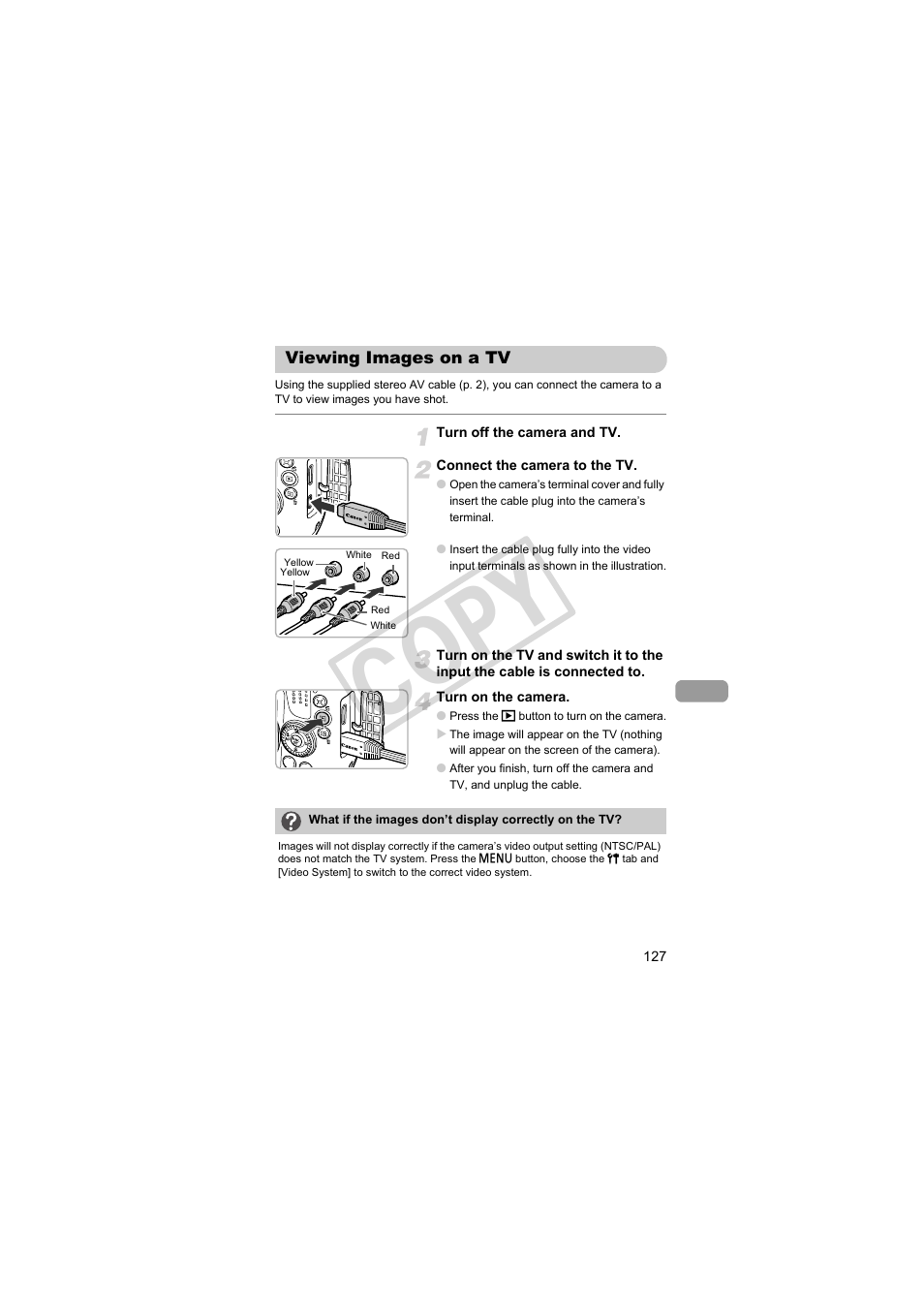 Viewing images on a tv, Viewing images on a tv (p. 127), Cop y | Canon PowerShot SX30 IS User Manual | Page 127 / 196