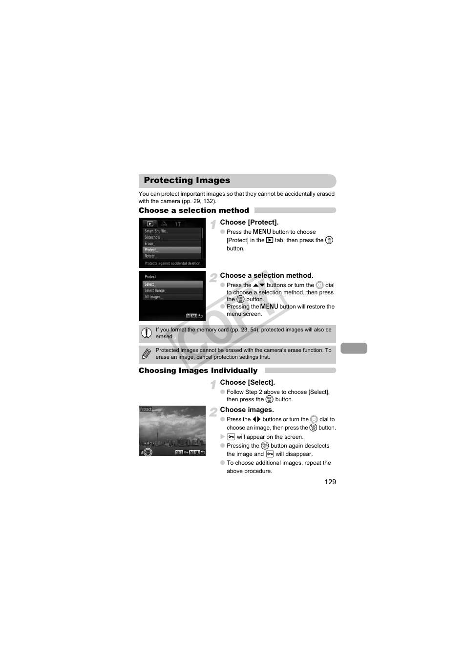 Protecting images, Protecting images (p. 129), C op y | Canon PowerShot SX30 IS User Manual | Page 129 / 196