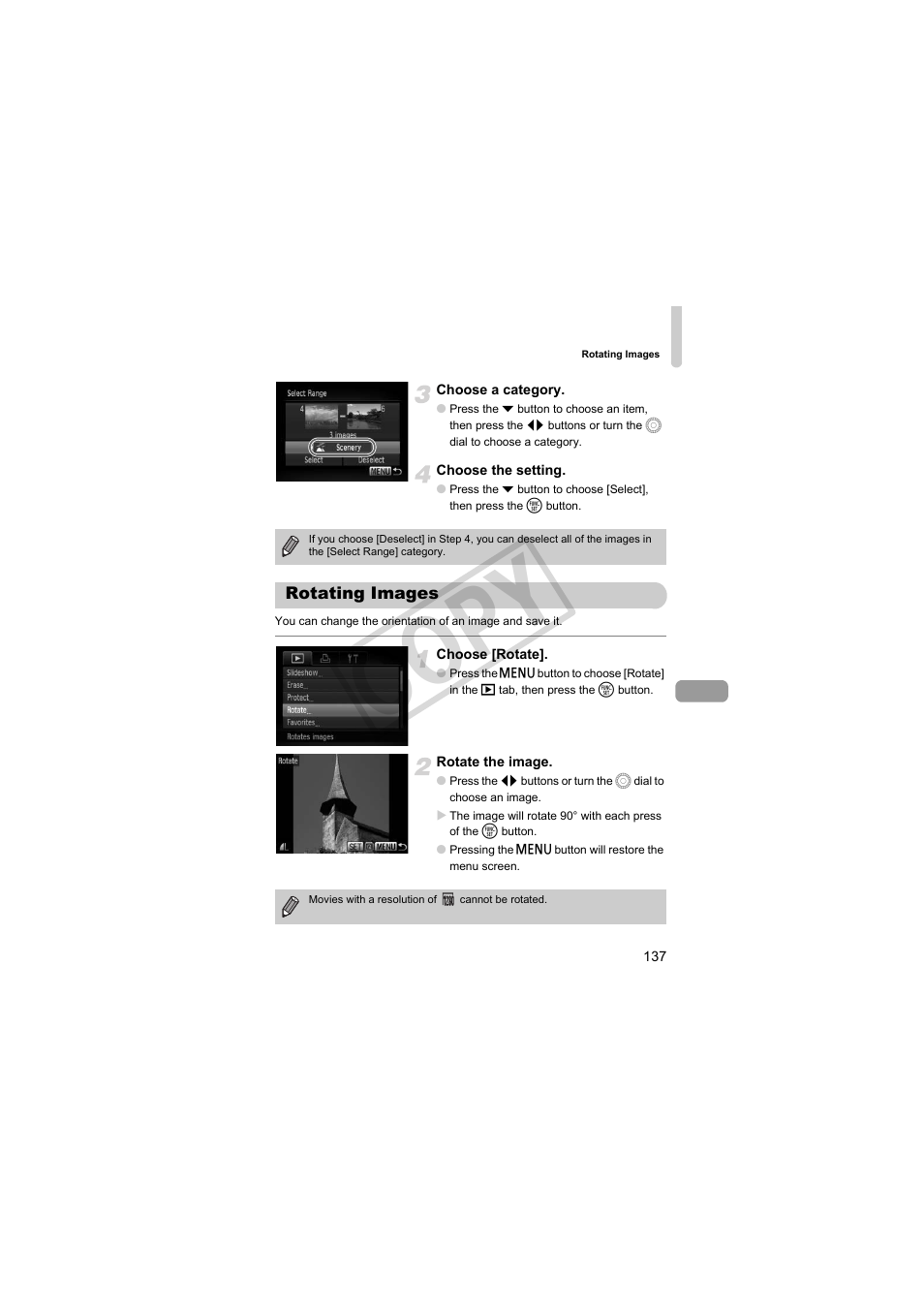 Rotating images, Rotating images (p. 137), Cop y | Canon PowerShot SX30 IS User Manual | Page 137 / 196