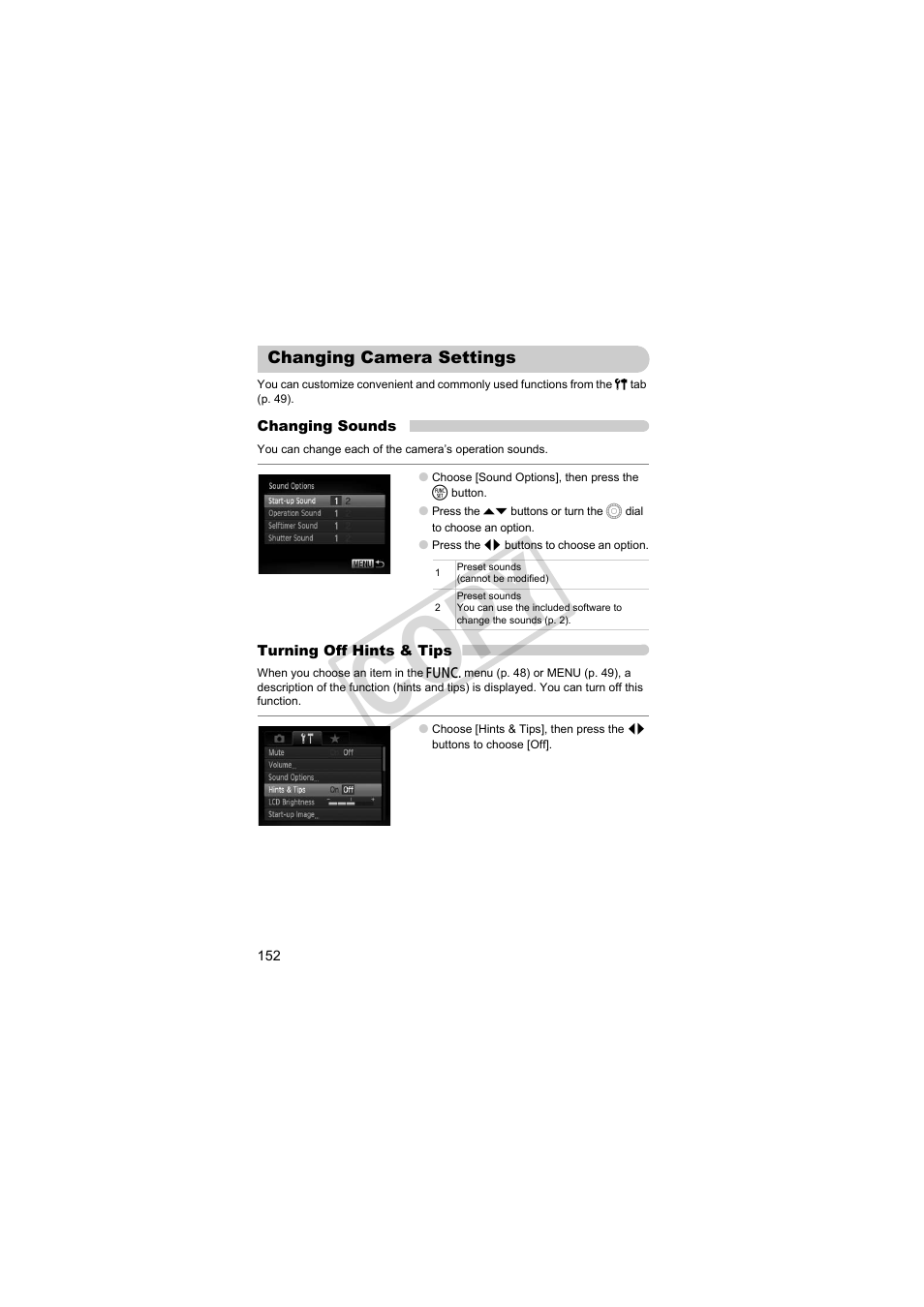 Changing camera settings, Cop y | Canon PowerShot SX30 IS User Manual | Page 152 / 196
