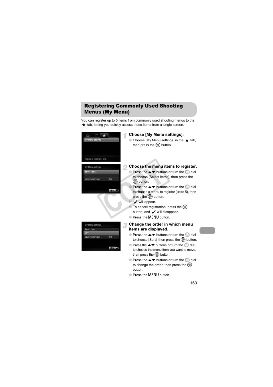 Registering commonly used shooting menus (my menu), Cop y | Canon PowerShot SX30 IS User Manual | Page 163 / 196