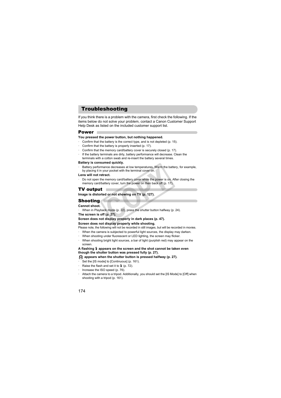 Troubleshooting, C op y | Canon PowerShot SX30 IS User Manual | Page 174 / 196