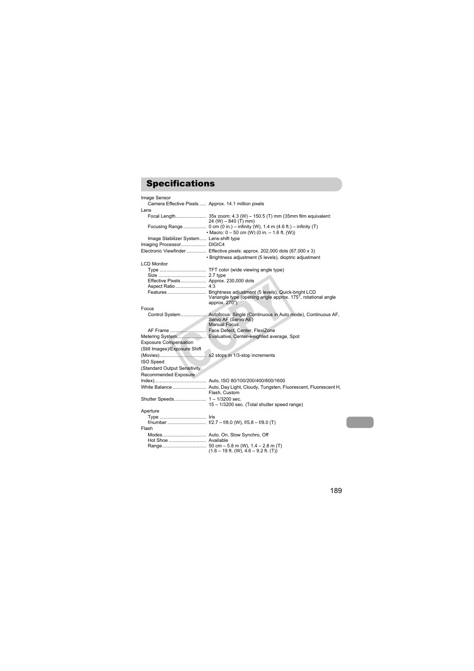 Specifications, Cop y | Canon PowerShot SX30 IS User Manual | Page 189 / 196