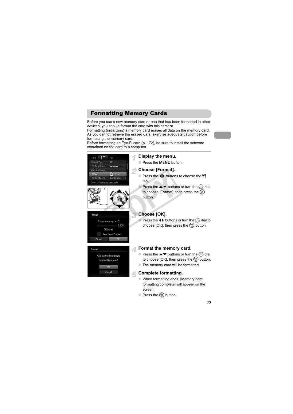 Formatting memory cards, Cop y | Canon PowerShot SX30 IS User Manual | Page 23 / 196