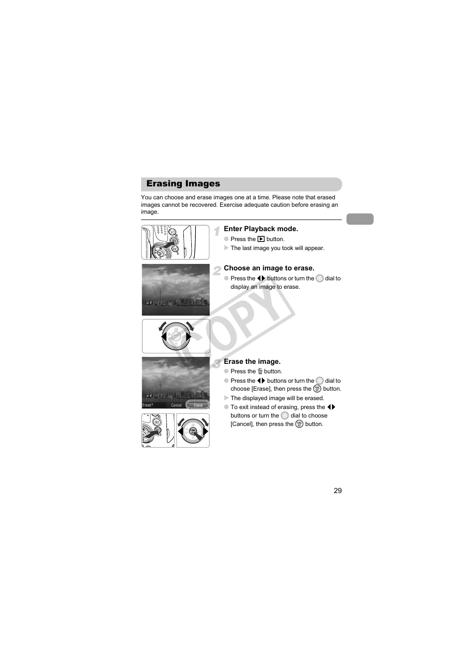 Erasing images, Cop y | Canon PowerShot SX30 IS User Manual | Page 29 / 196