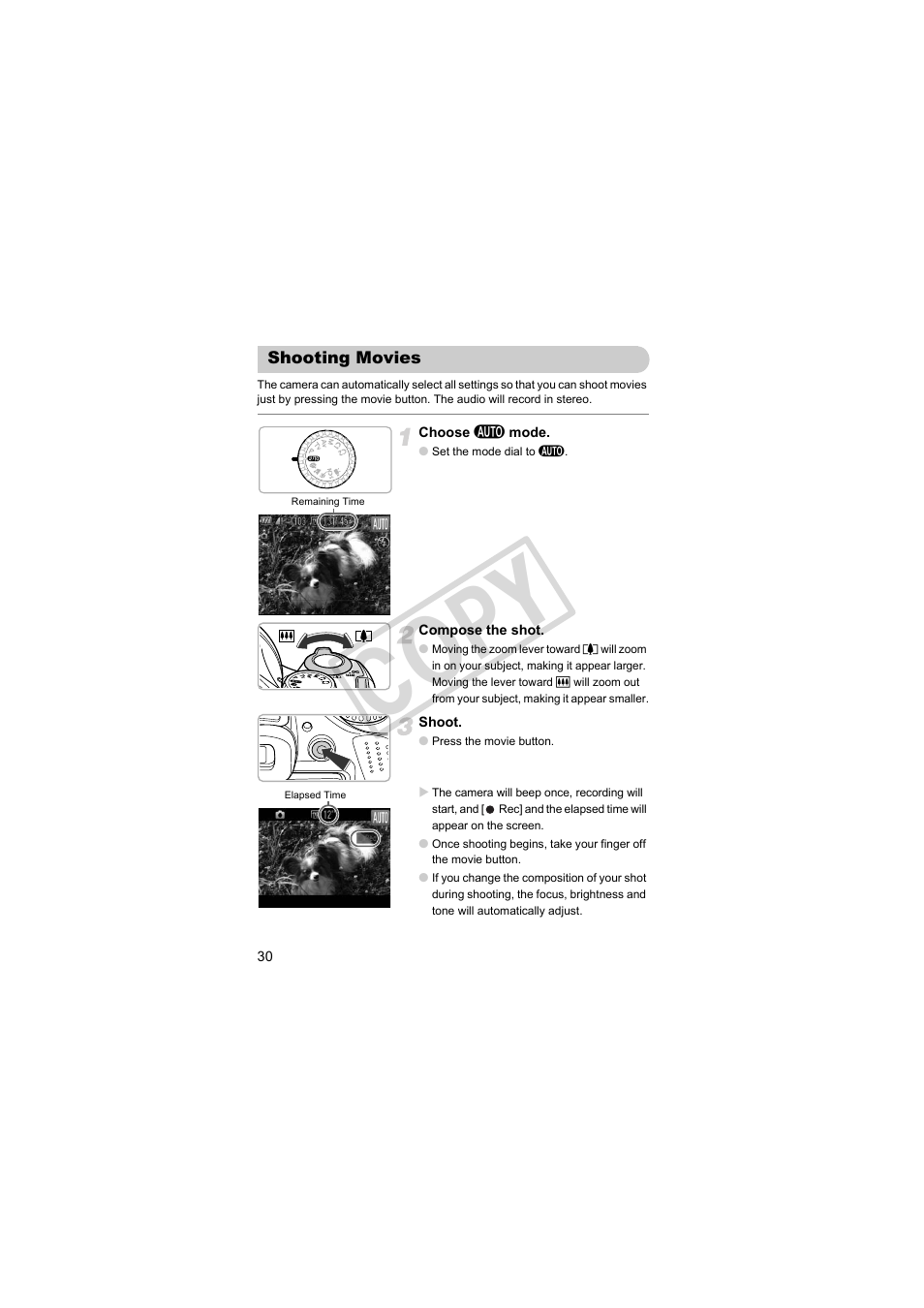 Shooting movies, Cop y | Canon PowerShot SX30 IS User Manual | Page 30 / 196