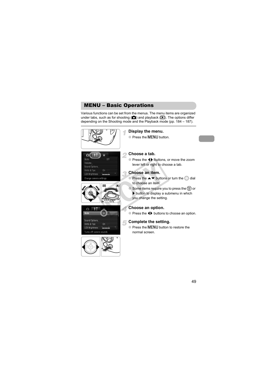 Menu – basic operations, Cop y | Canon PowerShot SX30 IS User Manual | Page 49 / 196