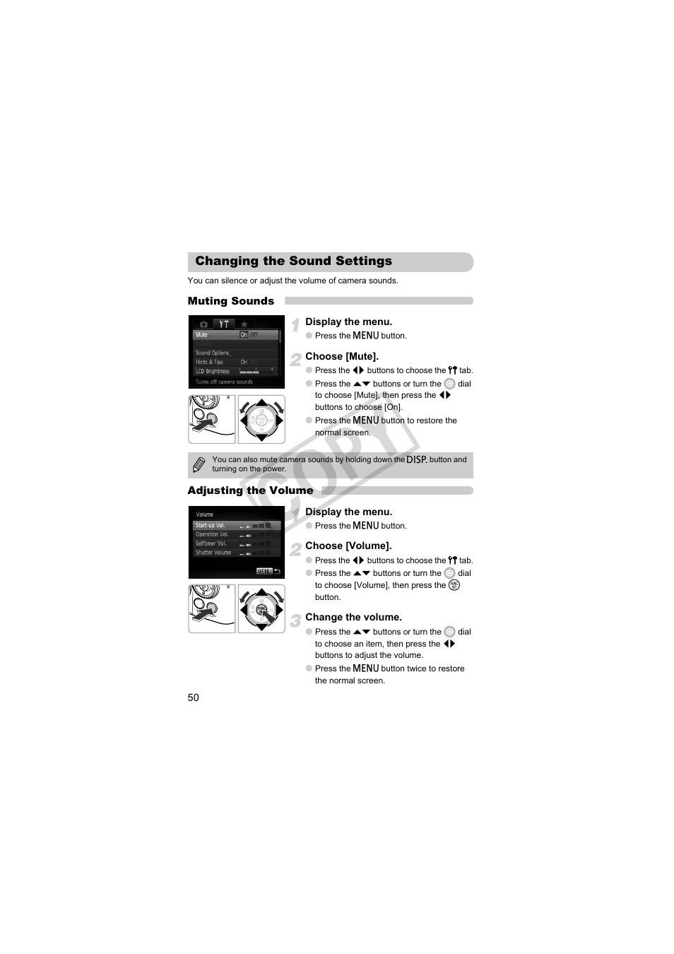 Changing the sound settings, Cop y | Canon PowerShot SX30 IS User Manual | Page 50 / 196